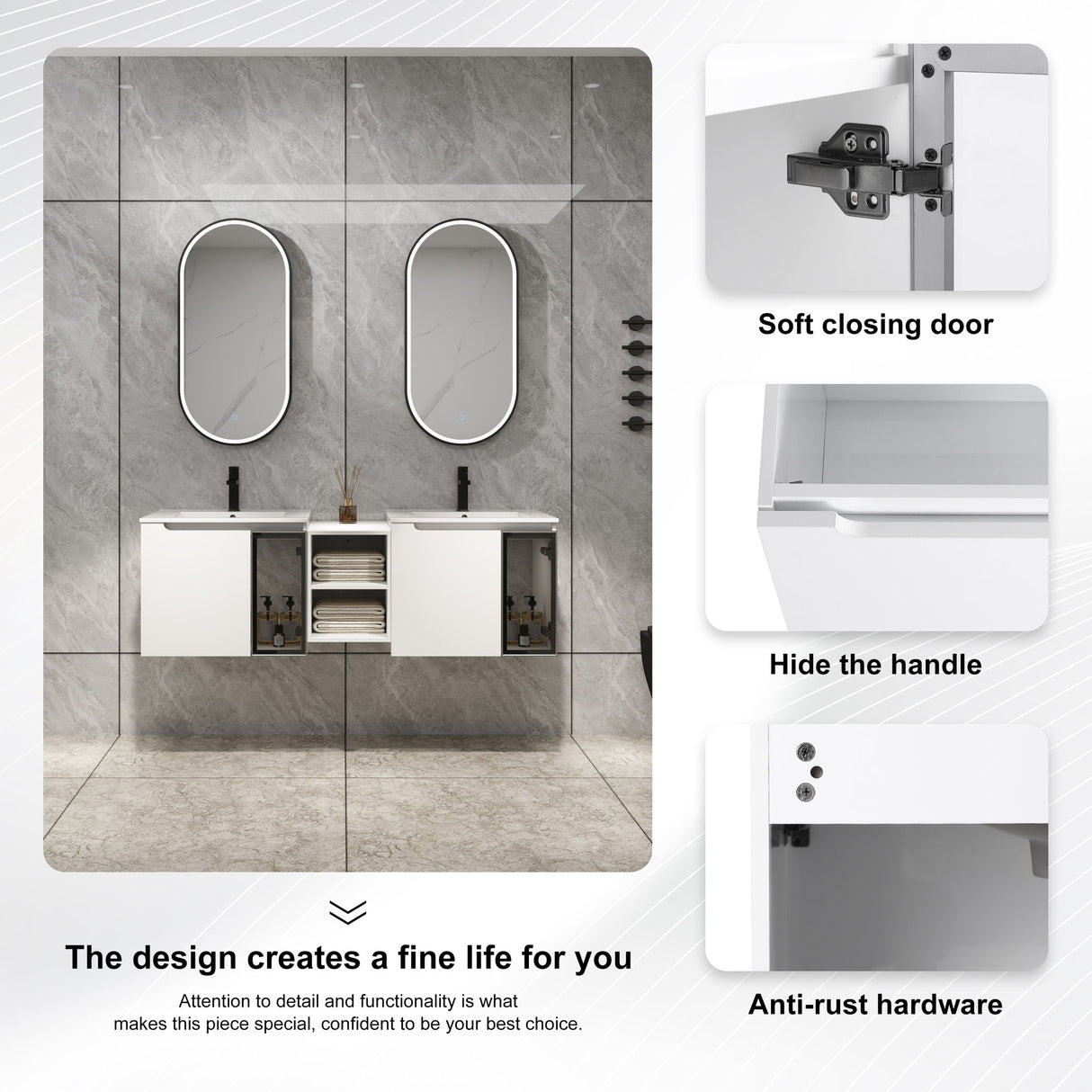 Wall Mounted Bathroom Vanity With Sink, Soft Close Doors, Cabinet & Half Door