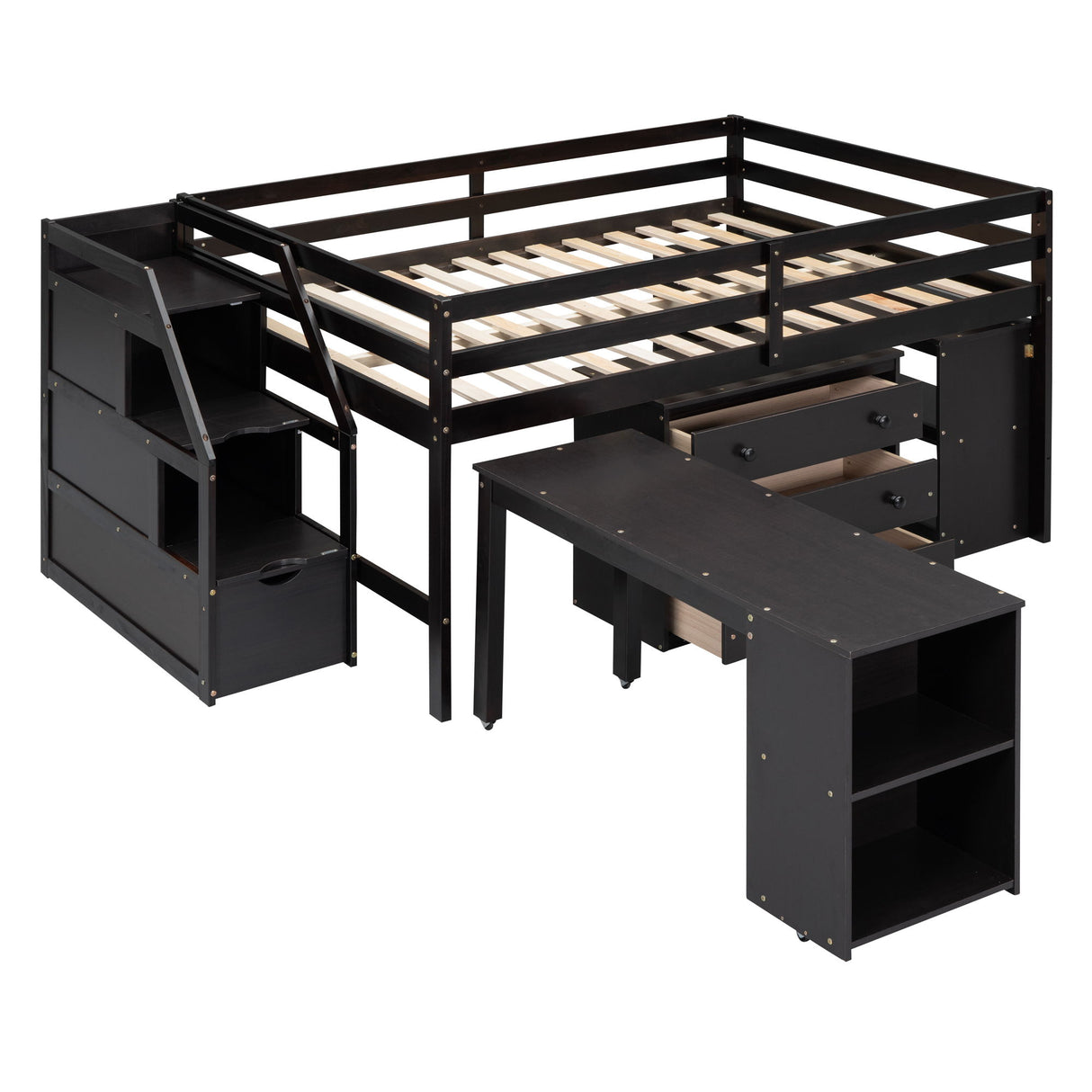 Loft Bed With Retractable Writing Desk And 3 Drawers With Storage Stairs And Shelves