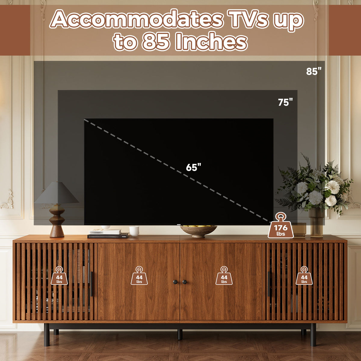 TV Stand, Media Console & Soft Closing Hinges, Adjustable Shelves, Slatted Doors - Walnut