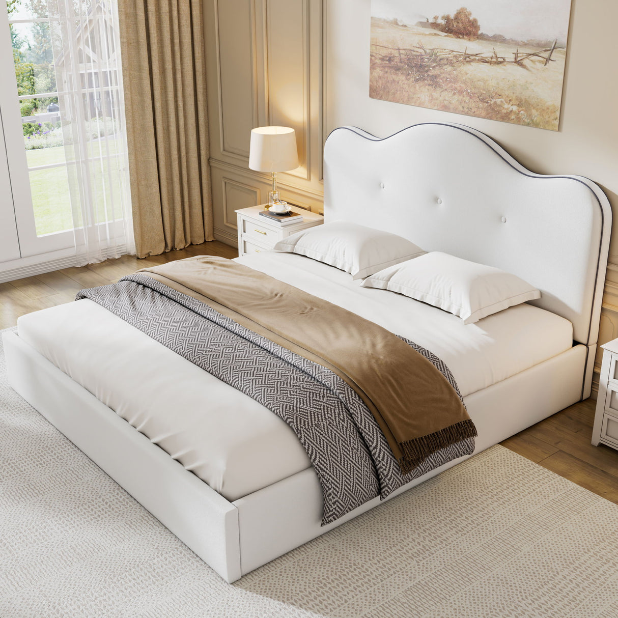 Upholstered Platform Bed With Sturdy Frame And Headboard
