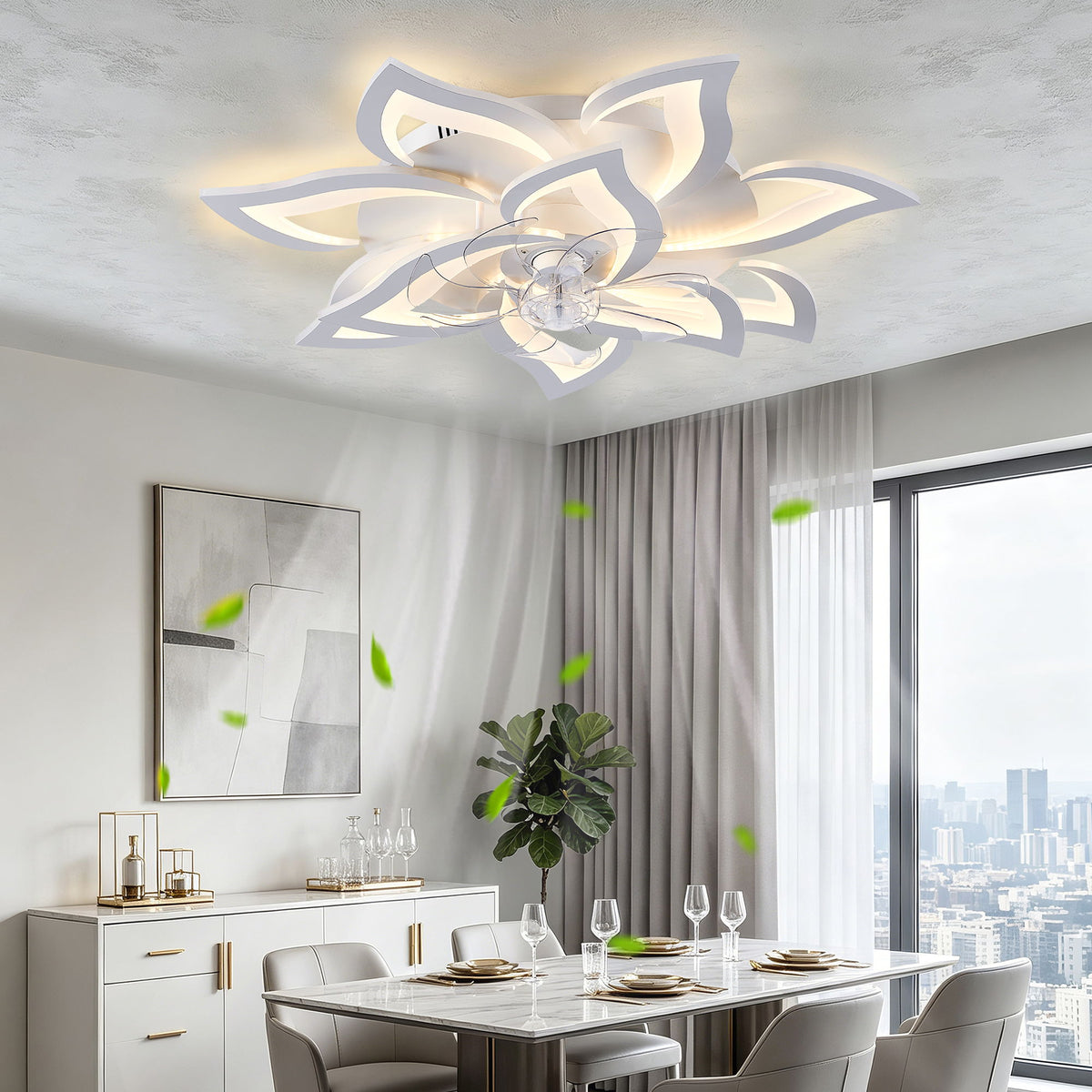 32" Flower Ceiling Fan With LED Dimmable Light, Low Profile Flush Mount Fan With Remote Control, 6 Speeds