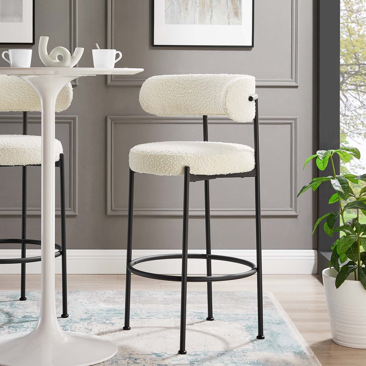 29 Inch Ivory and Black Curved Back Boucle Fabric Bar Stools Set of 2 - Stools available at Alpine Outlets in Denver