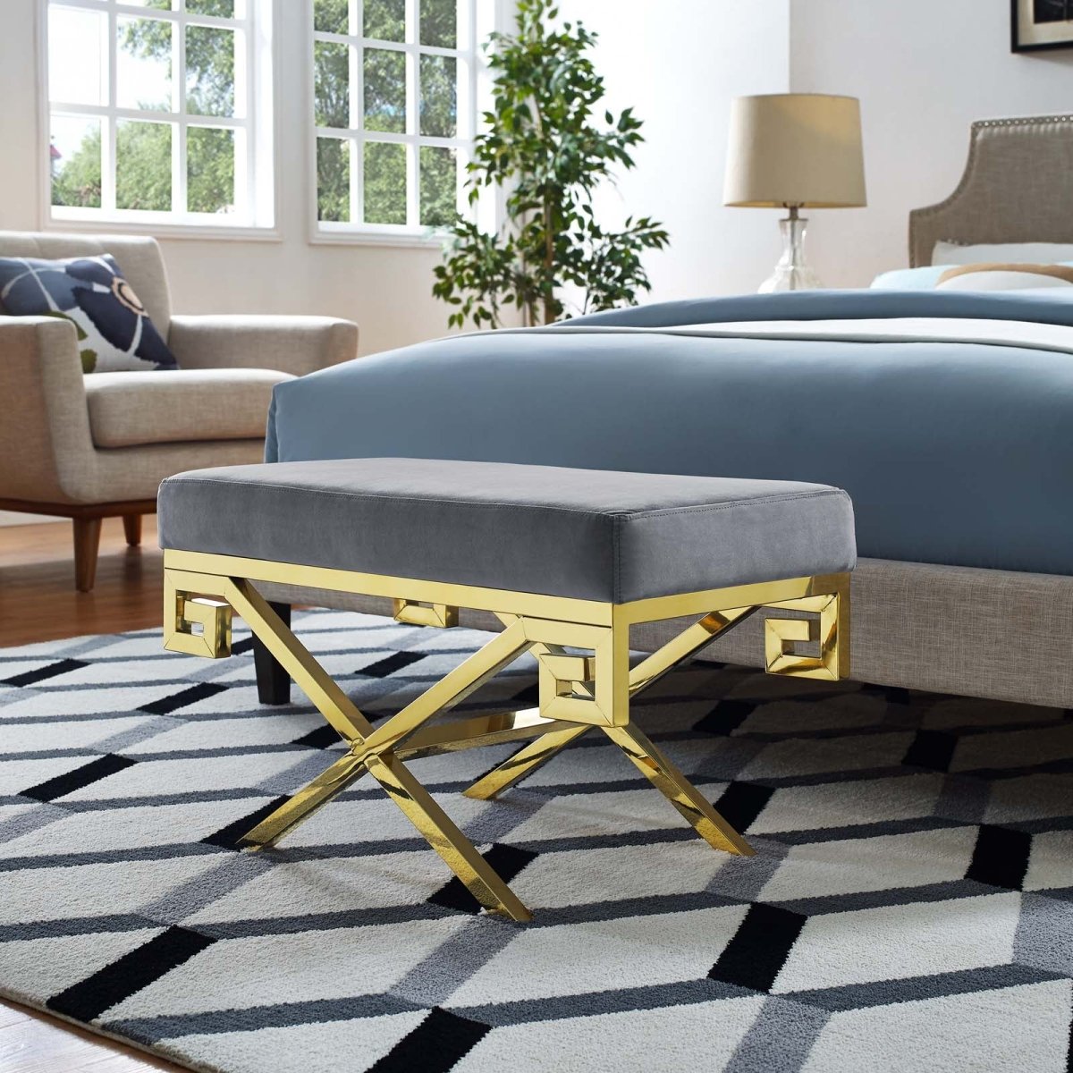 29 Inch Whimsical Greek Key Performance Velvet Bench - Benches available at Alpine Outlets in Denver