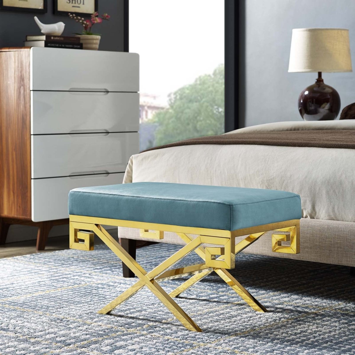 29 Inch Whimsical Greek Key Performance Velvet Bench - Benches available at Alpine Outlets in Denver