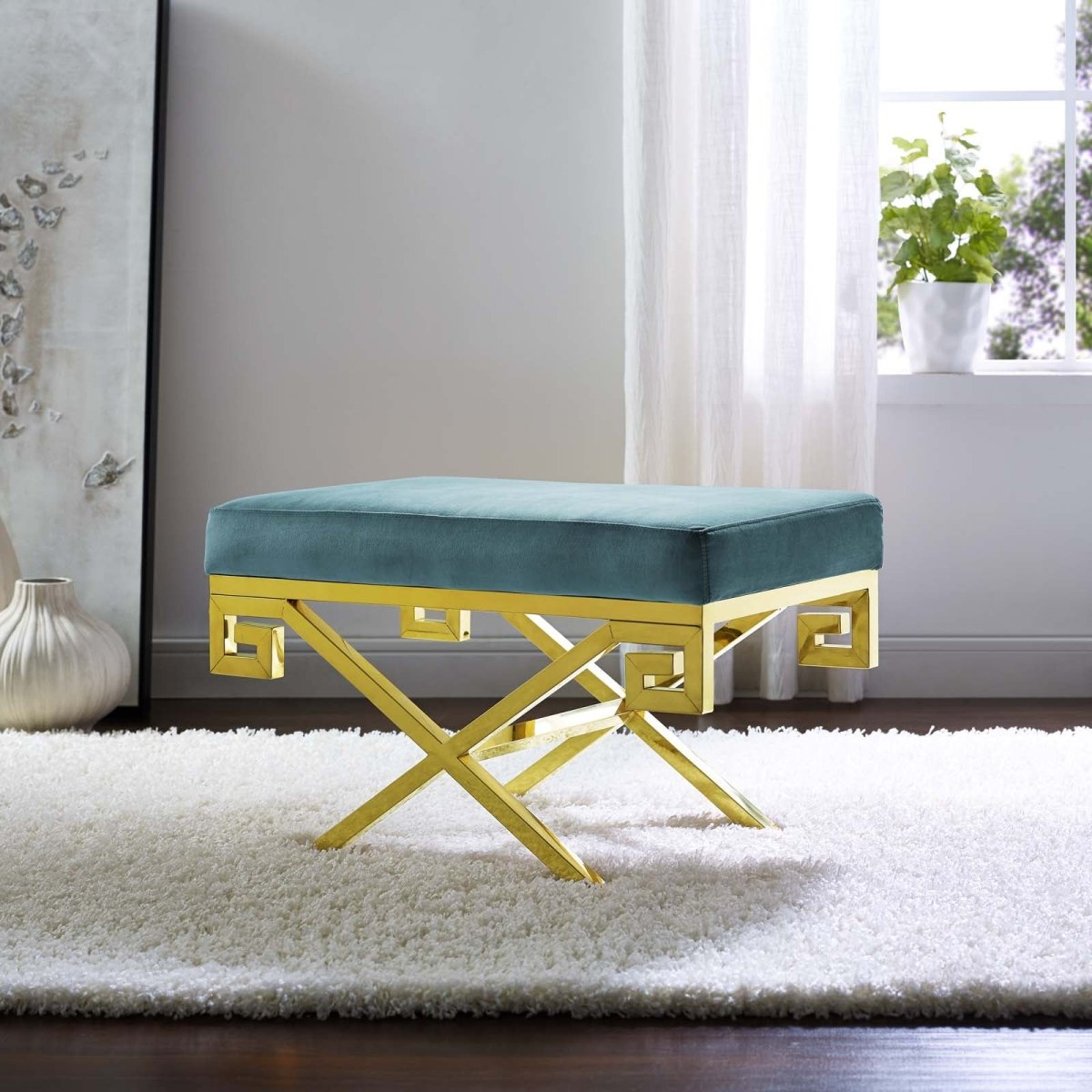 29 Inch Whimsical Greek Key Performance Velvet Bench - Benches available at Alpine Outlets in Denver