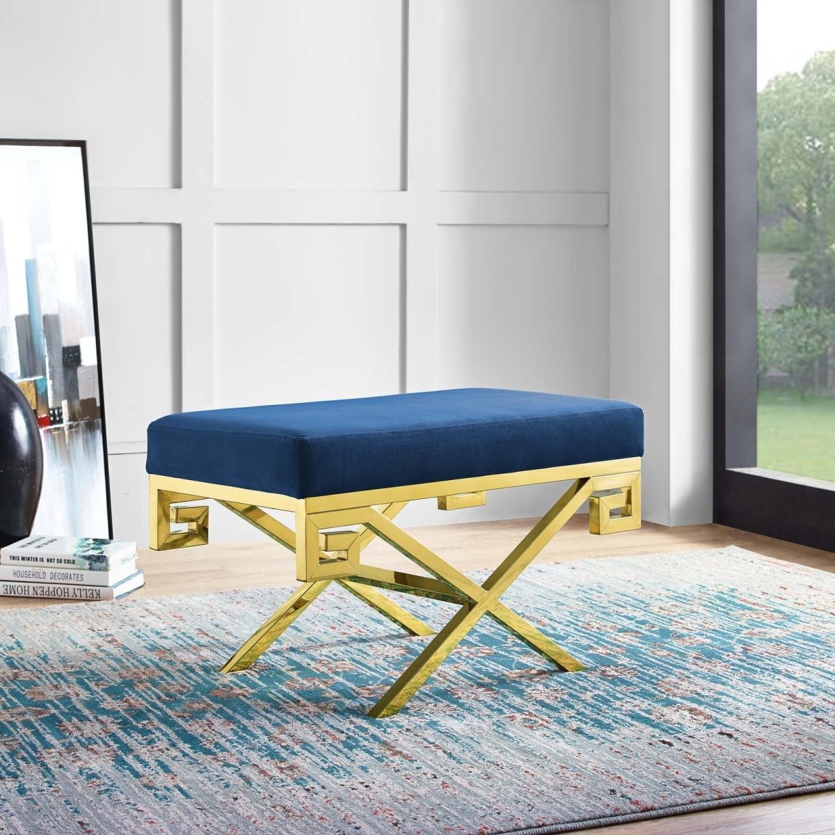 29 Inch Whimsical Greek Key Performance Velvet Bench - Benches available at Alpine Outlets in Denver