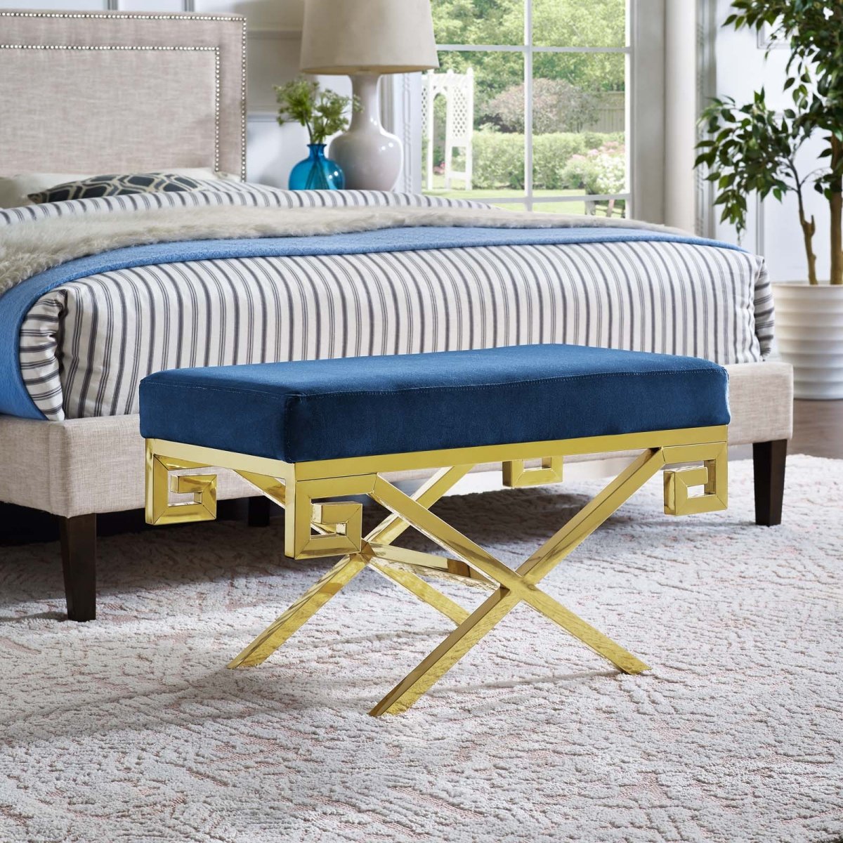 29 Inch Whimsical Greek Key Performance Velvet Bench - Benches available at Alpine Outlets in Denver