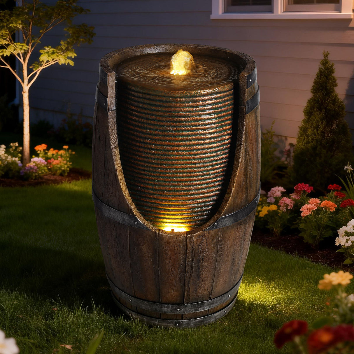 Rustic Barrel Water Fountain With LED Light