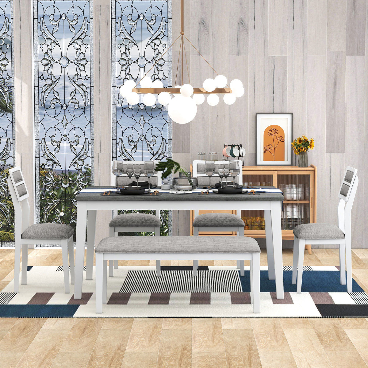 6 Piece Dining Set, Upholstered Chairs And Bench