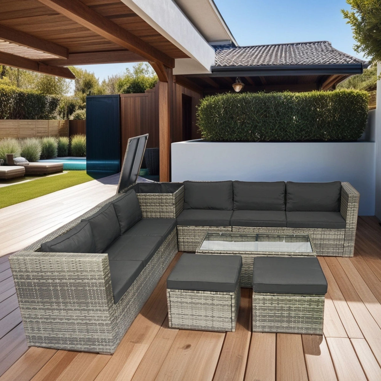 8 Piece Patio Sectional Wicker Rattan Outdoor Furniture Sof Set With One Storage Box Under Seat And Cushion Box - Gray / Black
