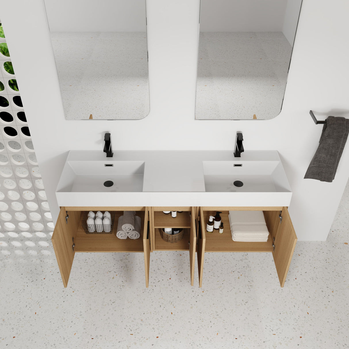 Floating Double Sink Bathroom Vanity With Extra Large Storage, Integrated Sink, Soft Close Doors, Wall Mounted Bath Vanity - Glossy White / Light Oak