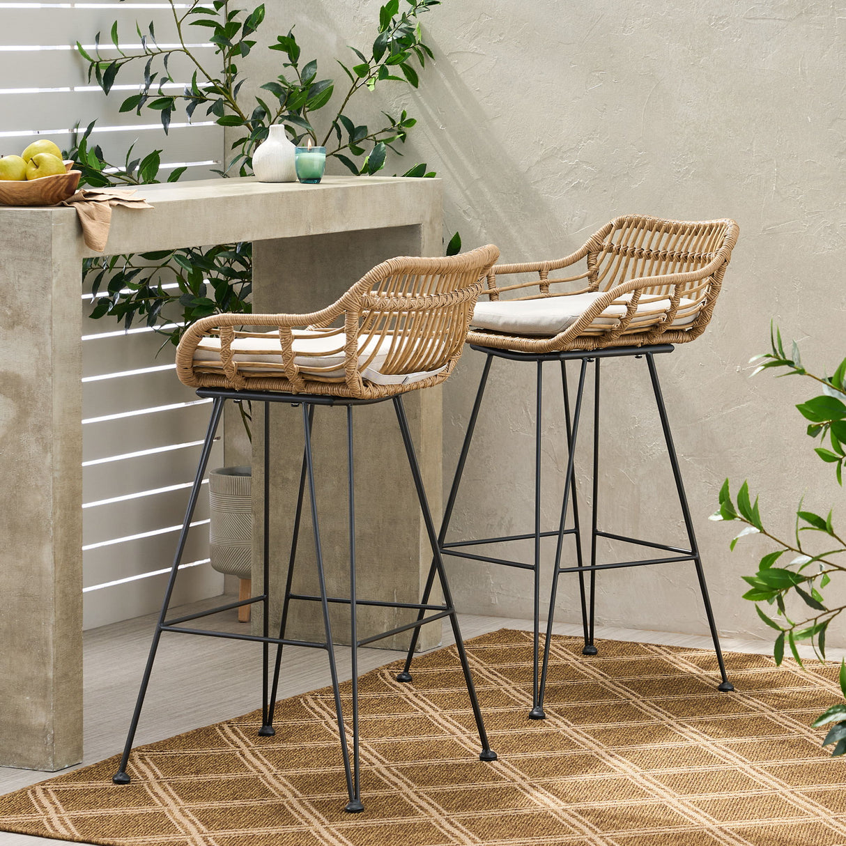 Outdoor Rattan Bar Chair With Metal Legs - Brown