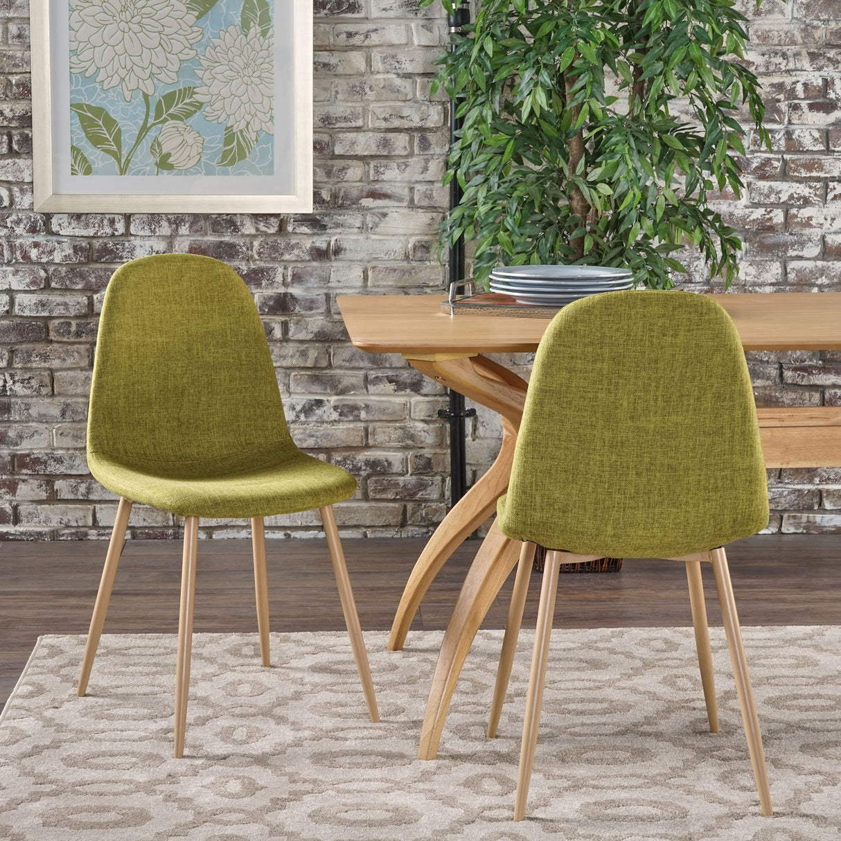 Contemporary Dining Chair Set With Upholstered Fabric And Iron Legs - Green / Light Brown