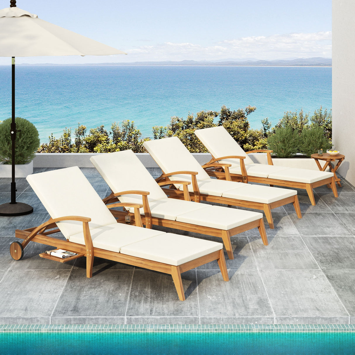 Versatile Chaise Lounge With Wheels Acacia Wood Recliner For Patio - Cream