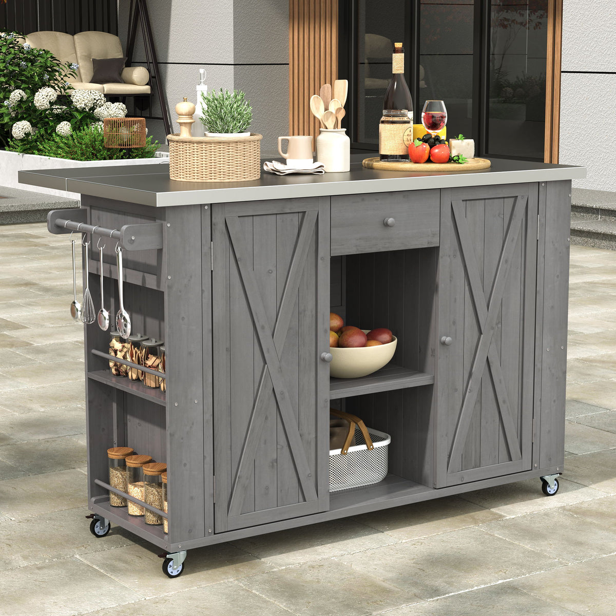 Outdoor Kitchen Island With Stainless Steel Top, Ample Storage Space, Towel And Spice Racks And A Bottle Opener