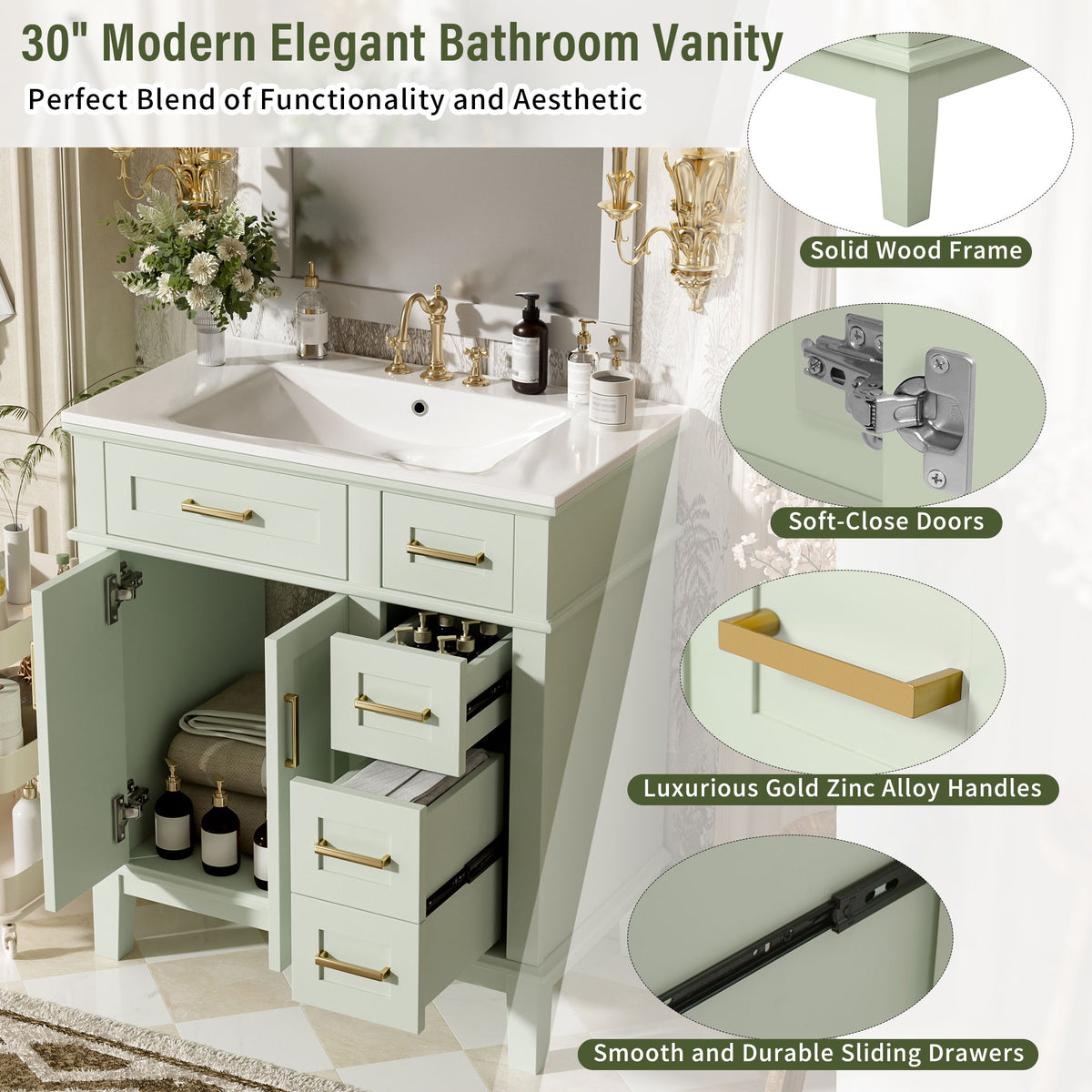 Modern Bathroom Vanity With Ceramic Sink, Soft Close Storage Cabinet