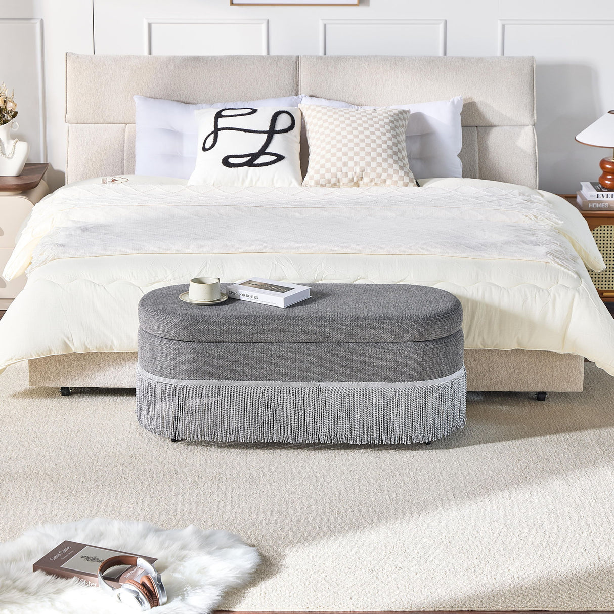 Oval Upholstered Storage Ottoman With Fringe Trim & Lift Top Lid