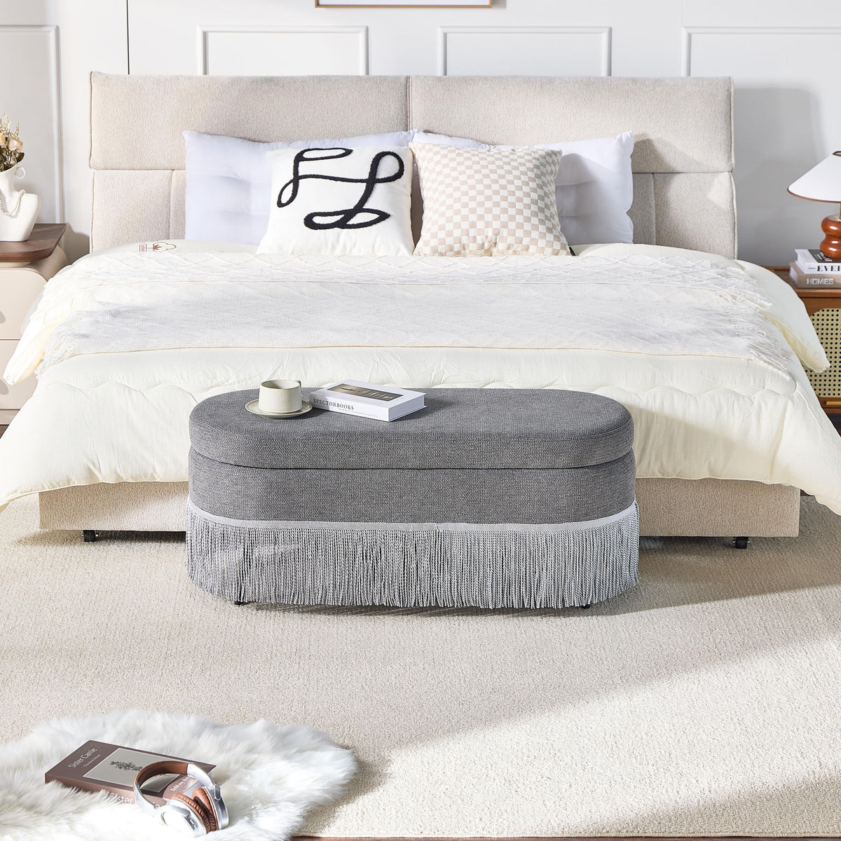 Oval Upholstered Storage Ottoman With Fringe Trim & Lift Top Lid
