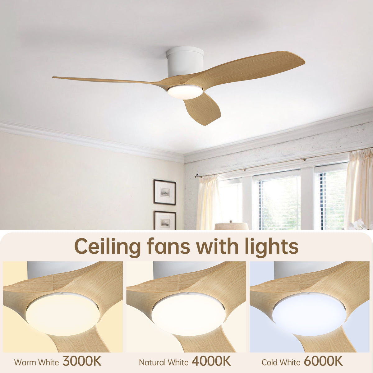 52" Smart Ceiling Fan With Light, 3 Blades DC Motor, Reversible Function - Matte White