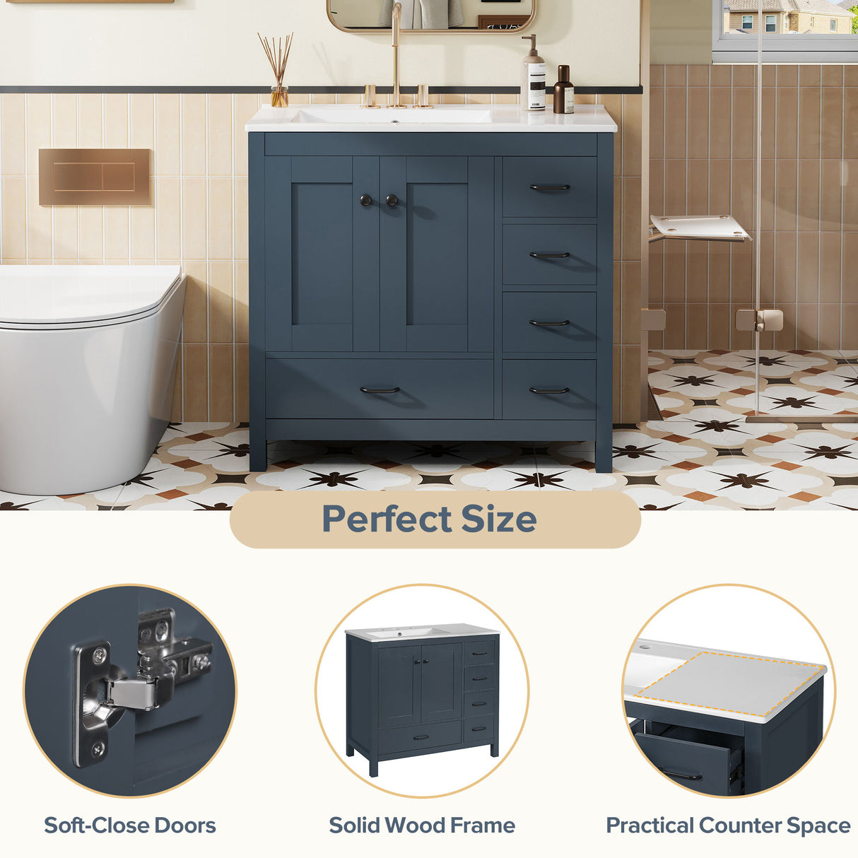 Bathroom Vanity With Sink Combo, 2 Soft Close Doors And 5 Drawers