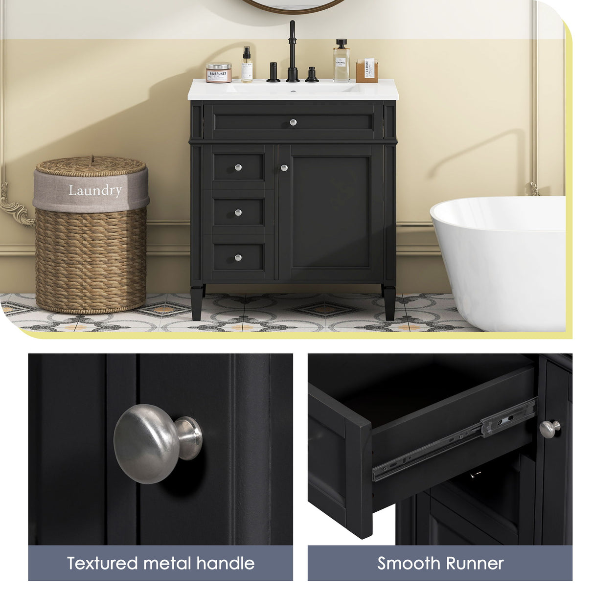 Bathroom Vanity With Top Sink, 3 Drawer Storage Cabinet, Rectangular Design - Black