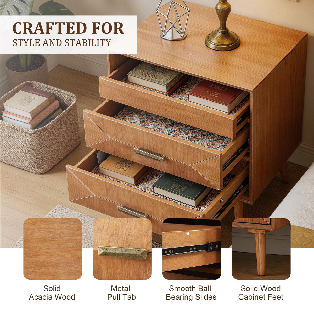 Nightstand With Charging Station, 2 Drawers And Open Shelf, USB / Type C Ports