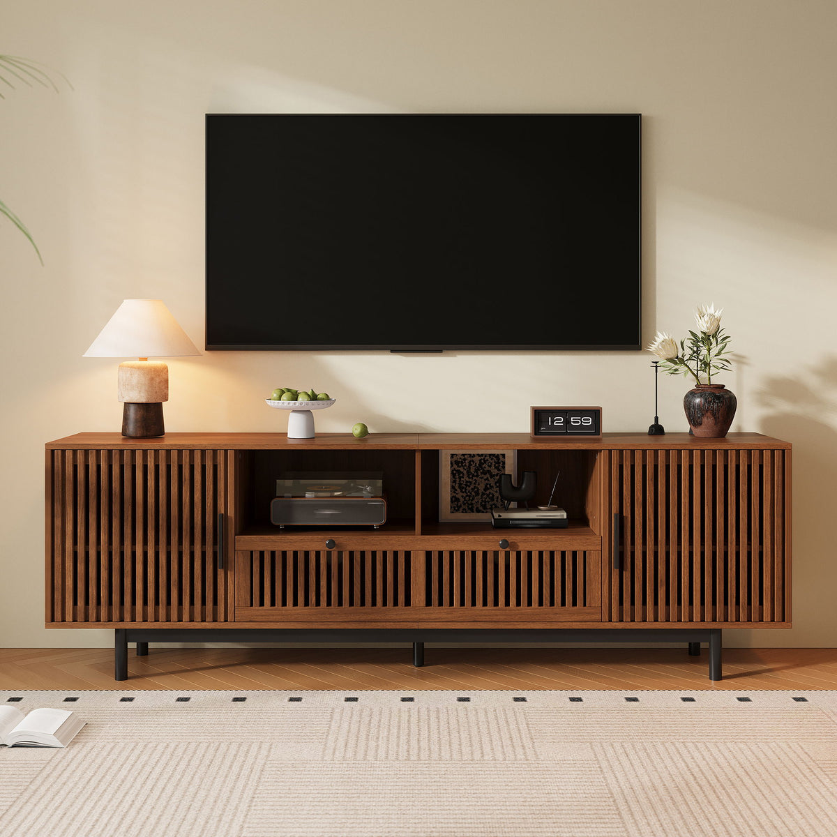TV Stand, Entertainment Center With Slatted Doors, Cable Management, Soft Closing Hinges - Walnut