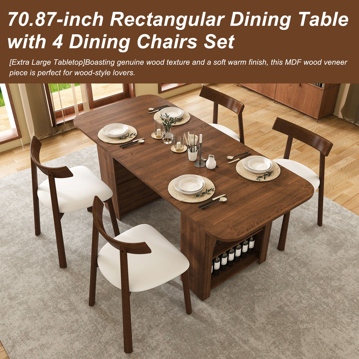 Dining Set With 4 Chairs, Table With Drawers & Open Shelf - Walnut