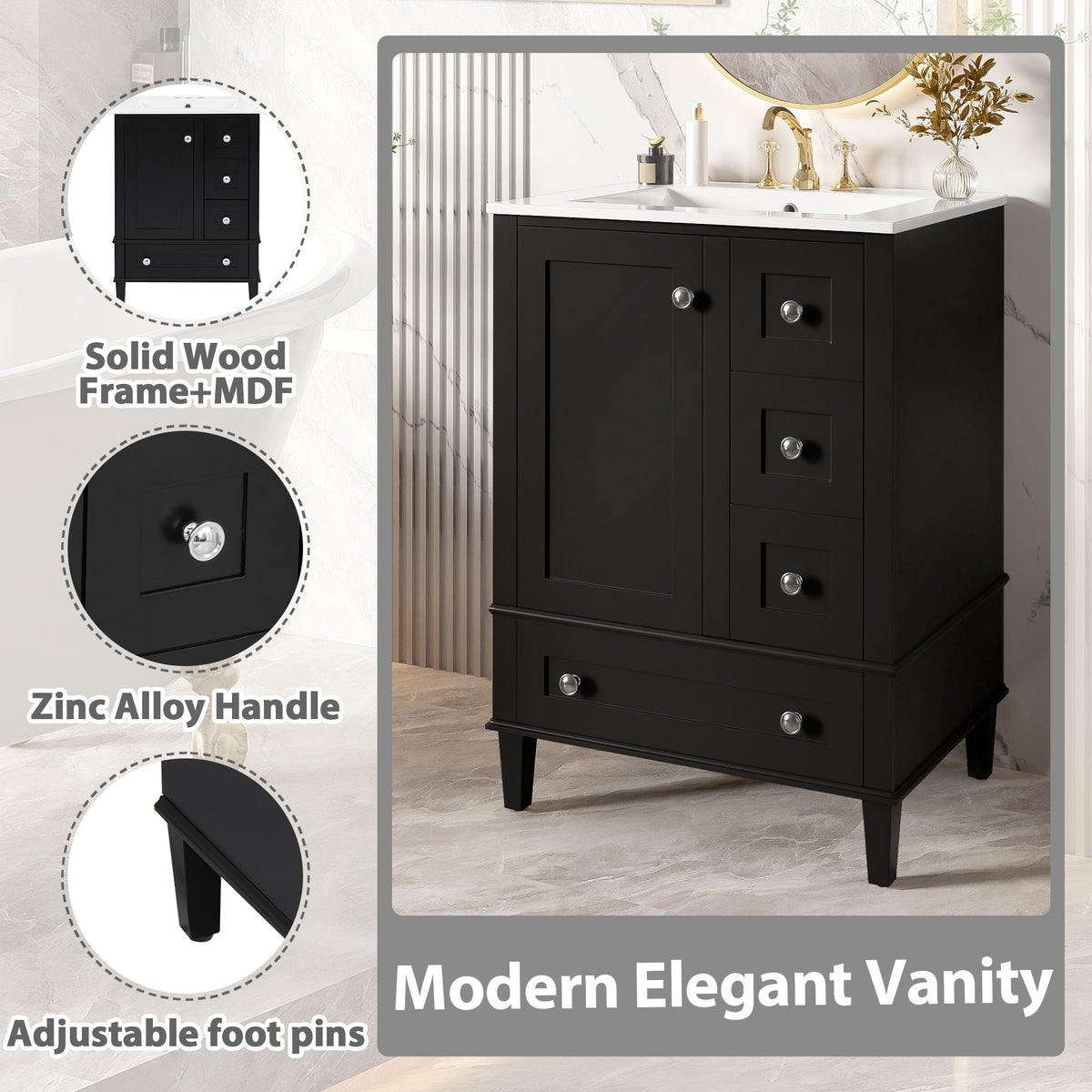 Bathroom Vanity With Integrated Basin, Soft Close Drawers, Door Mounted Double Layer Shelf