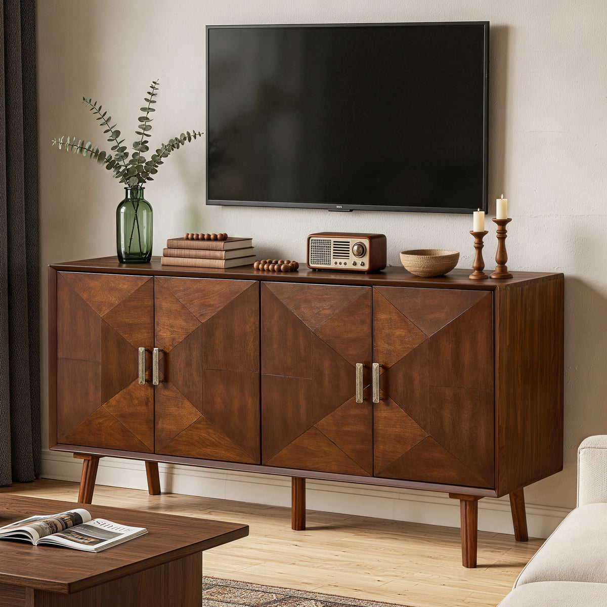 Sideboard Buffet Cabinet, Storage Credenza For Living Room - Walnut