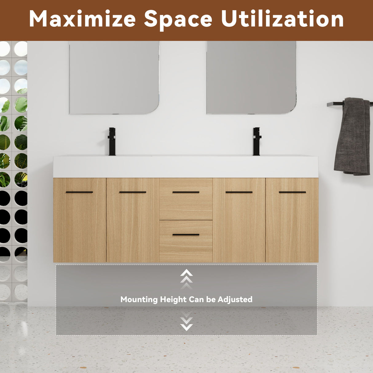 Floating Double Sink Bathroom Vanity With Drawers And Doors, Extra Large Storage, Integrated Sink, Soft Close Hardware - Glossy White / Light Oak