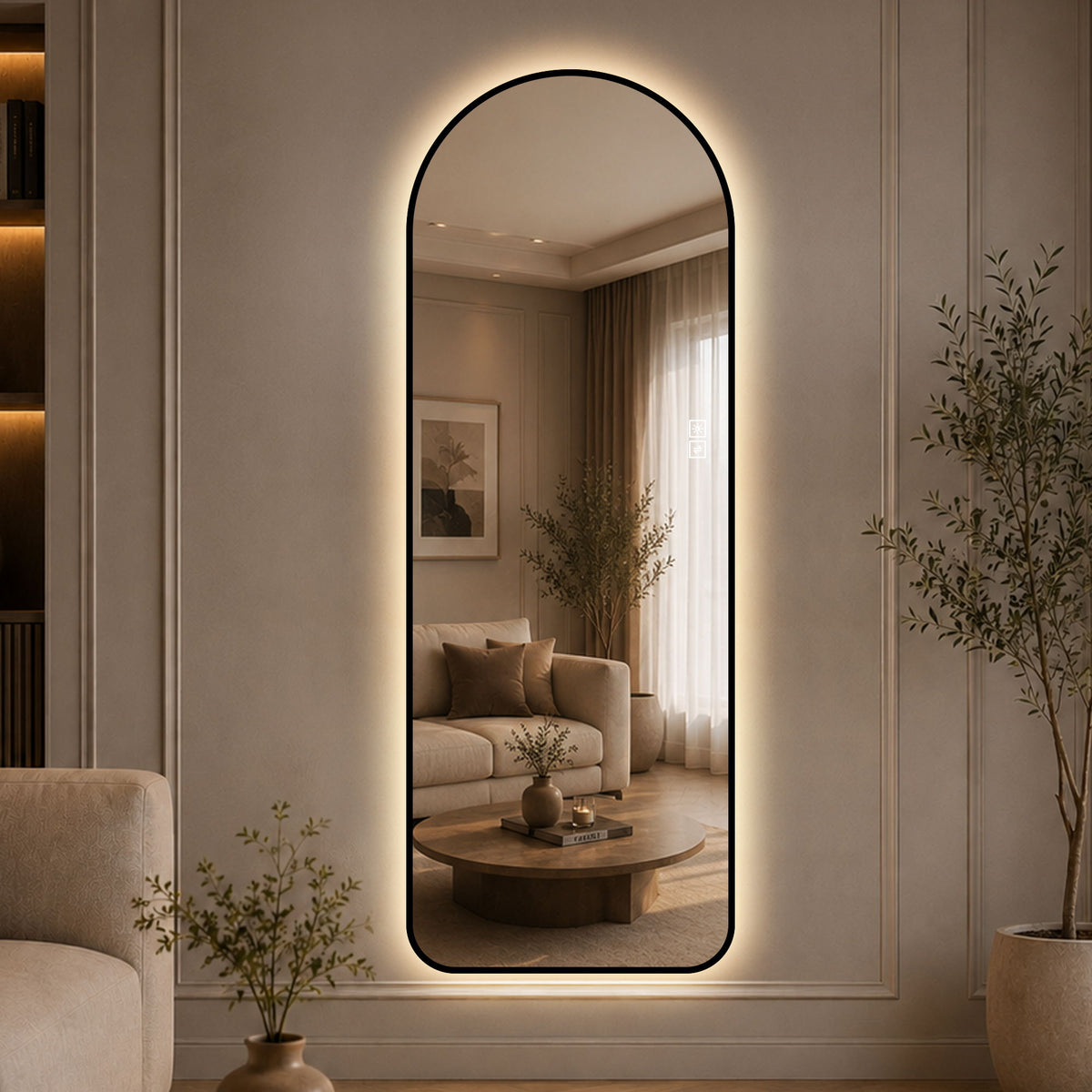 65" X 24" Arched LED Full Length Mirror With Frame, 3 Color Temperatures & Stepless Dimming - Black