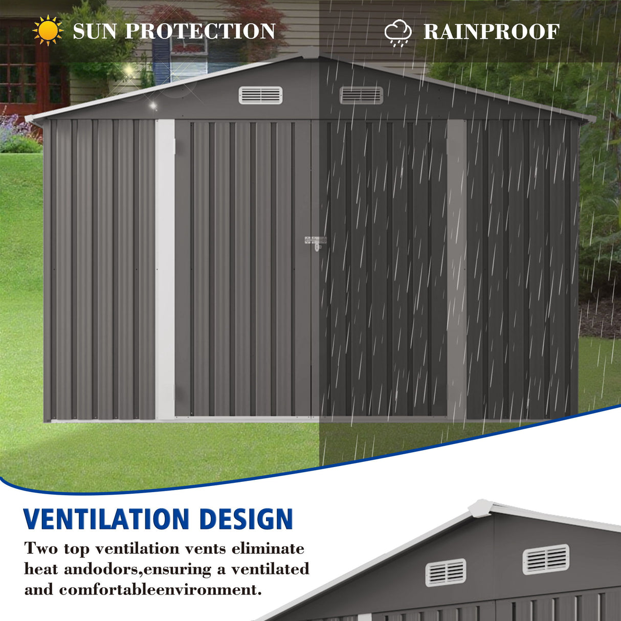 Large Metal Outdoor Storage Shed With Lockable Door, Air Vent, And Clear Window For Garden Tools And Bicycles - Gray