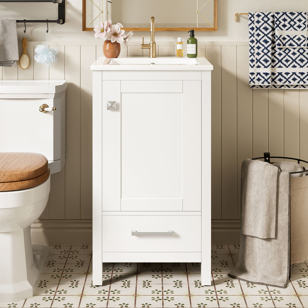 Bathroom Vanity With Ceramic Sink, Soft Close Drawers, Door Organizer, Divider Drawer, Adjustable Foot Pads