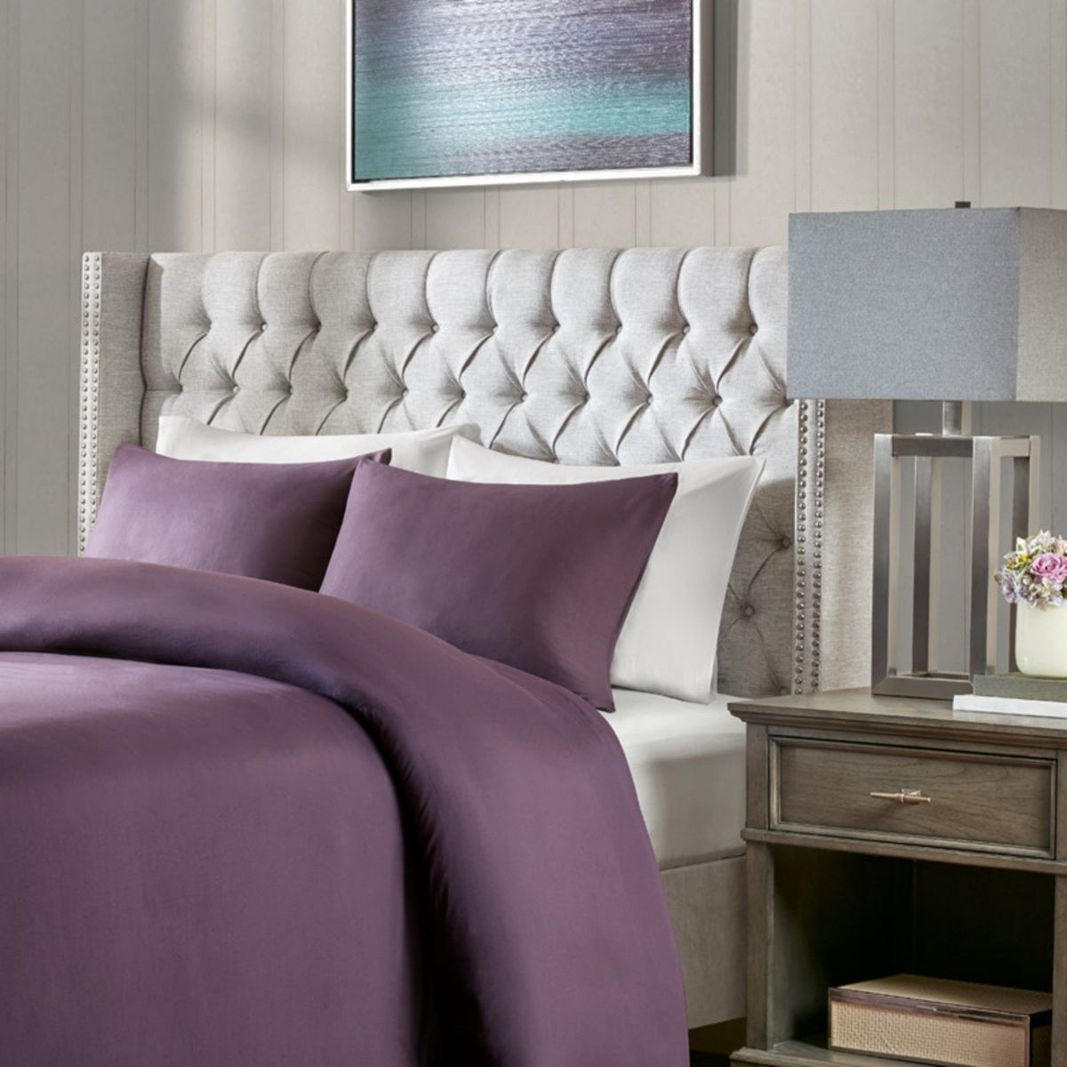 Queen Size Upholstery Headboard With Tufted Buttons And Nailhead Trim - Gray