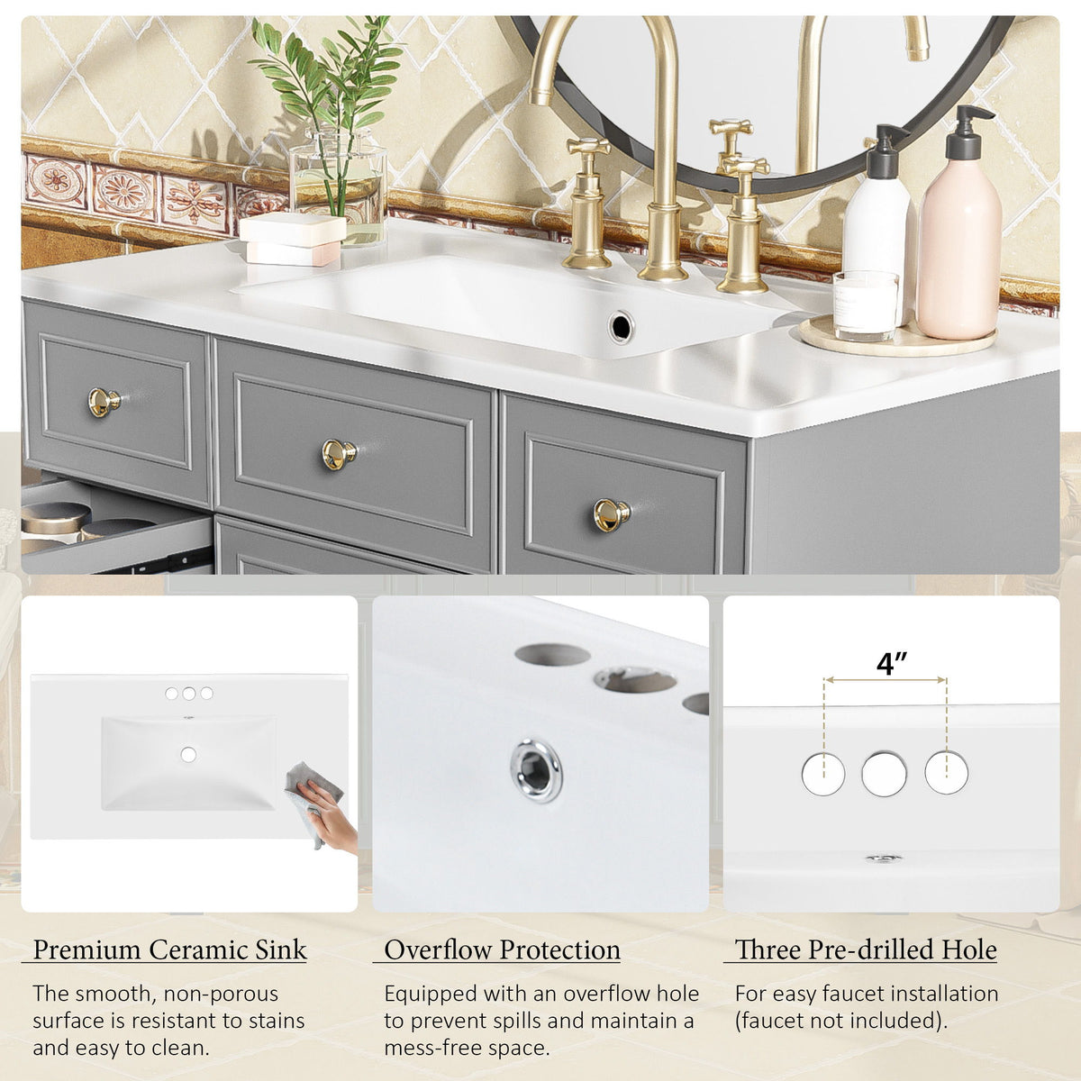 Bathroom Vanity With Ceramic Sink, Soft Close Doors, Adjustable Shelves