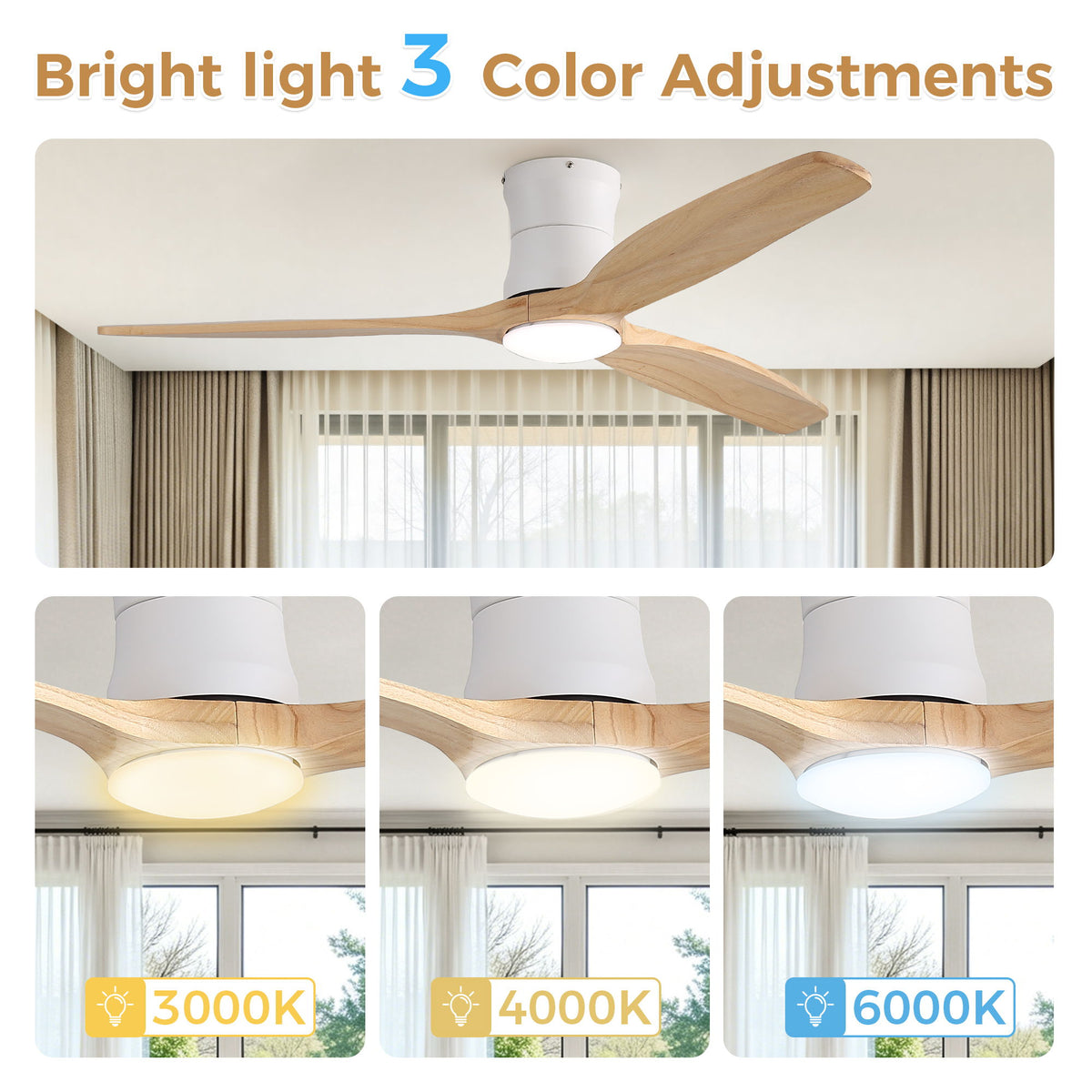 52" Ceiling Fan With Light, Dimmable DC Reversible Motor, 3 Blades