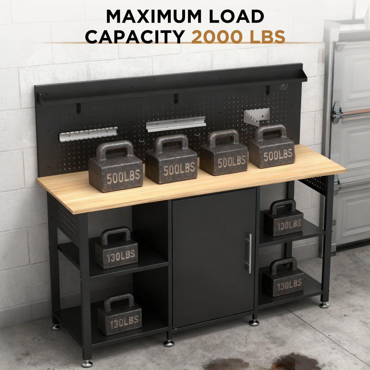 Workbench With Storage Cabinet And Pegboard - Black
