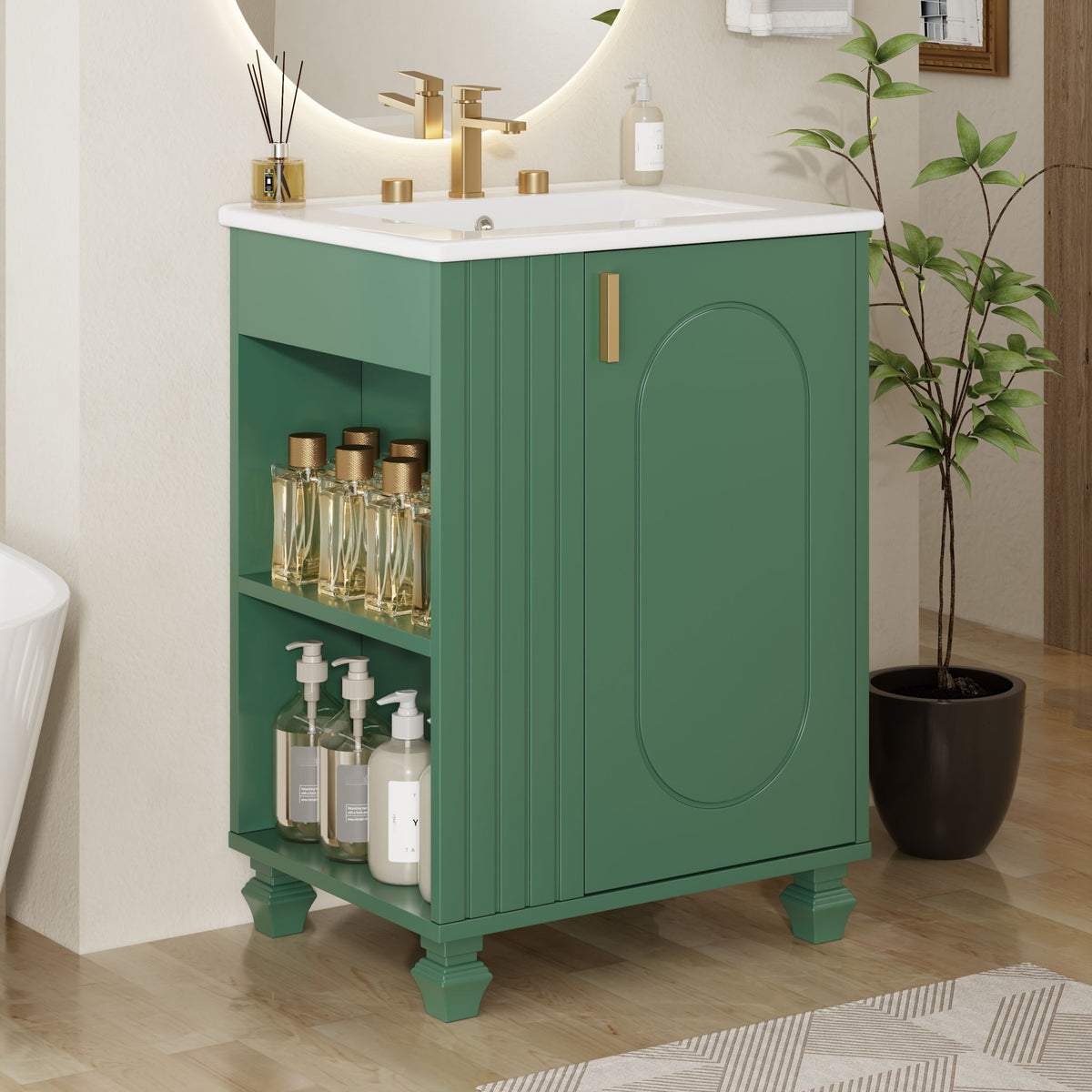 Classic Retro Bathroom Vanity With Sink, Door Shelf, Side Open Storage Frame
