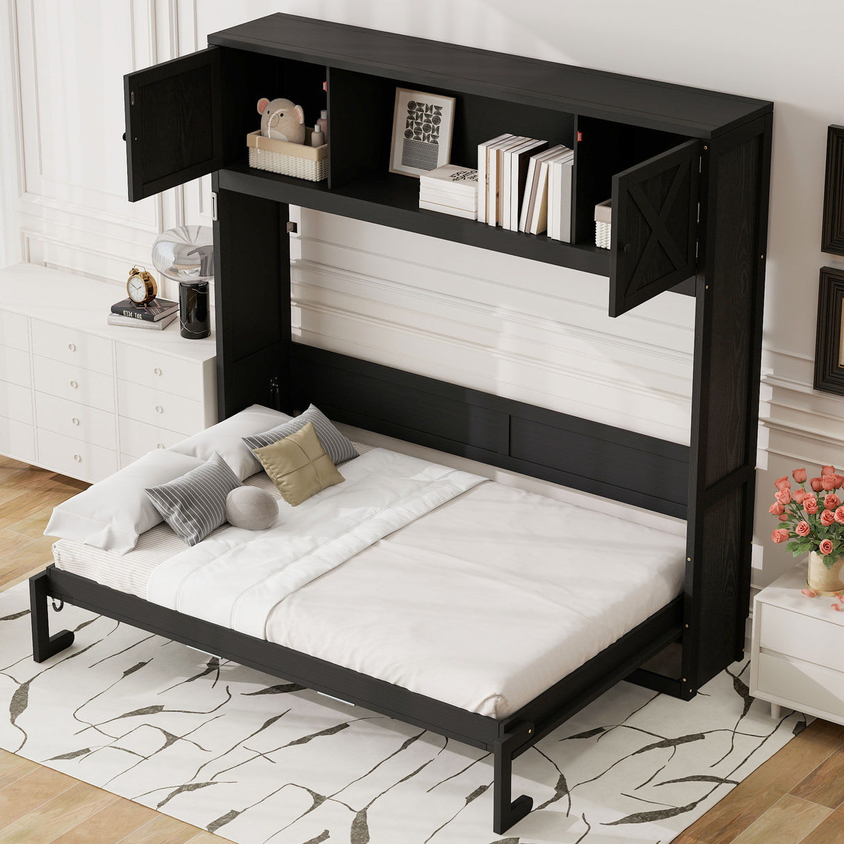 Full Size Murphy Bed With Storage Cabinets - Black