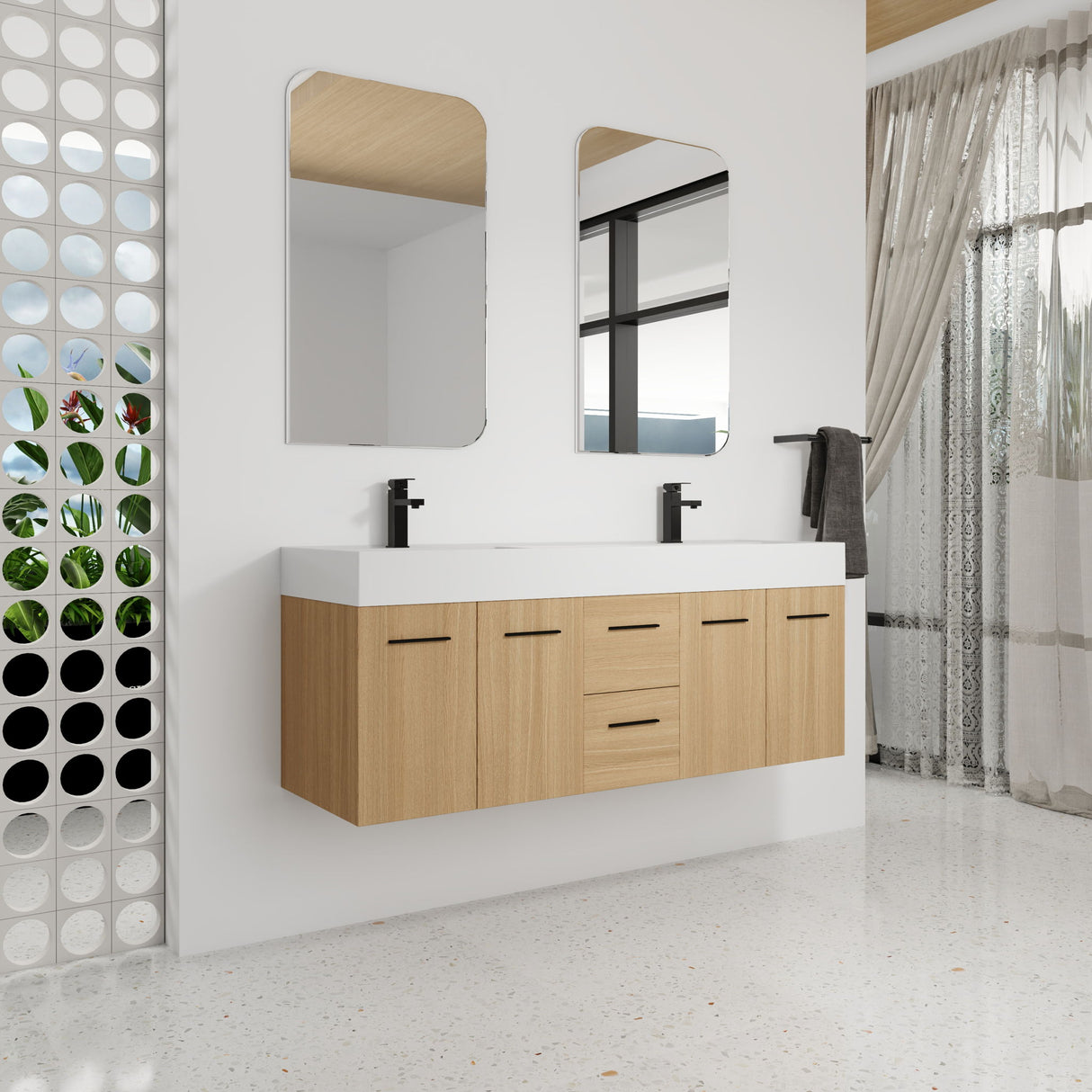 Floating Double Sink Bathroom Vanity With Drawers And Doors, Extra Large Storage, Integrated Sink, Soft Close Hardware - Glossy White / Light Oak