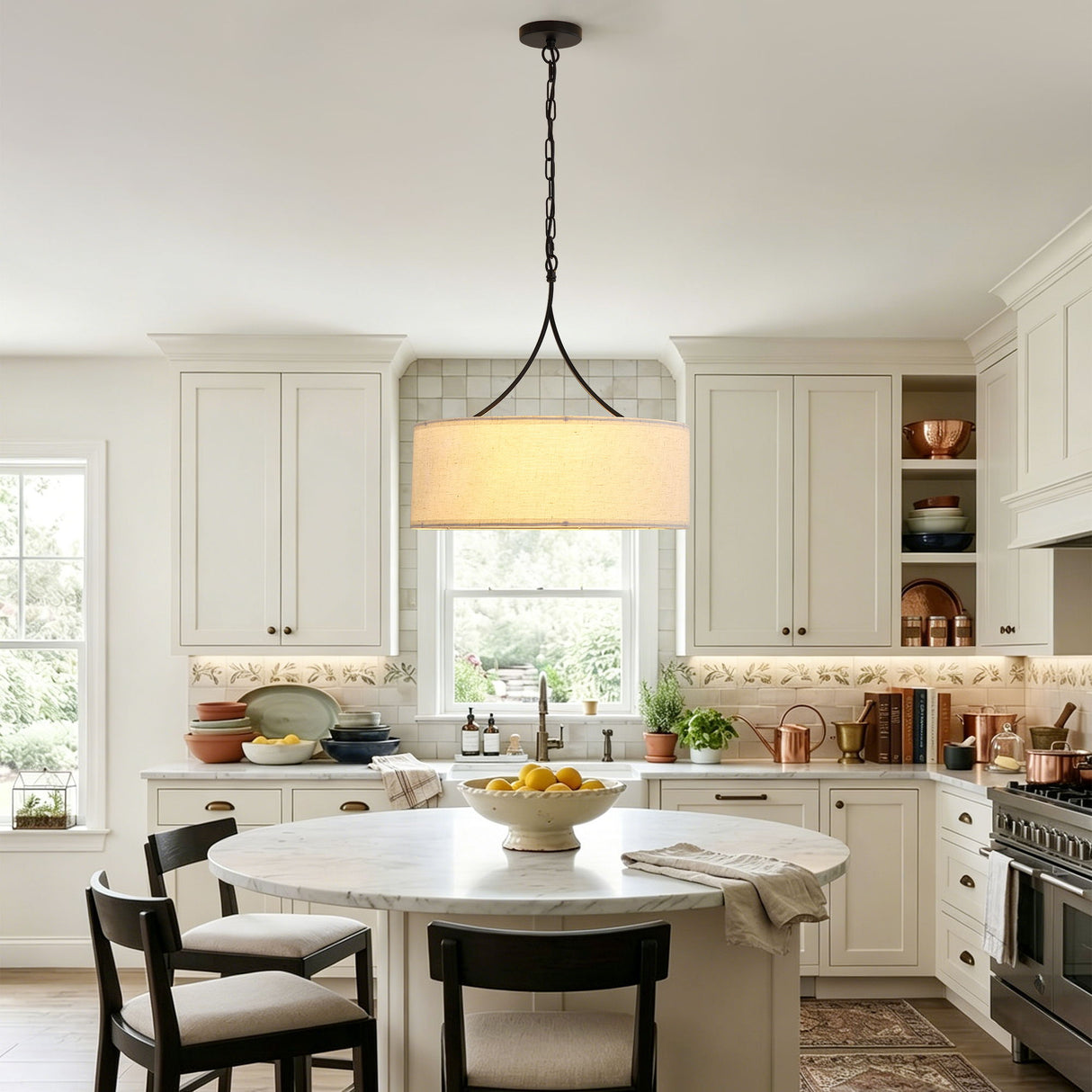 3 Light Pendant Light Adjustable Drum Chandelier, Shade Ceiling Light Fixture - Beige White / Black