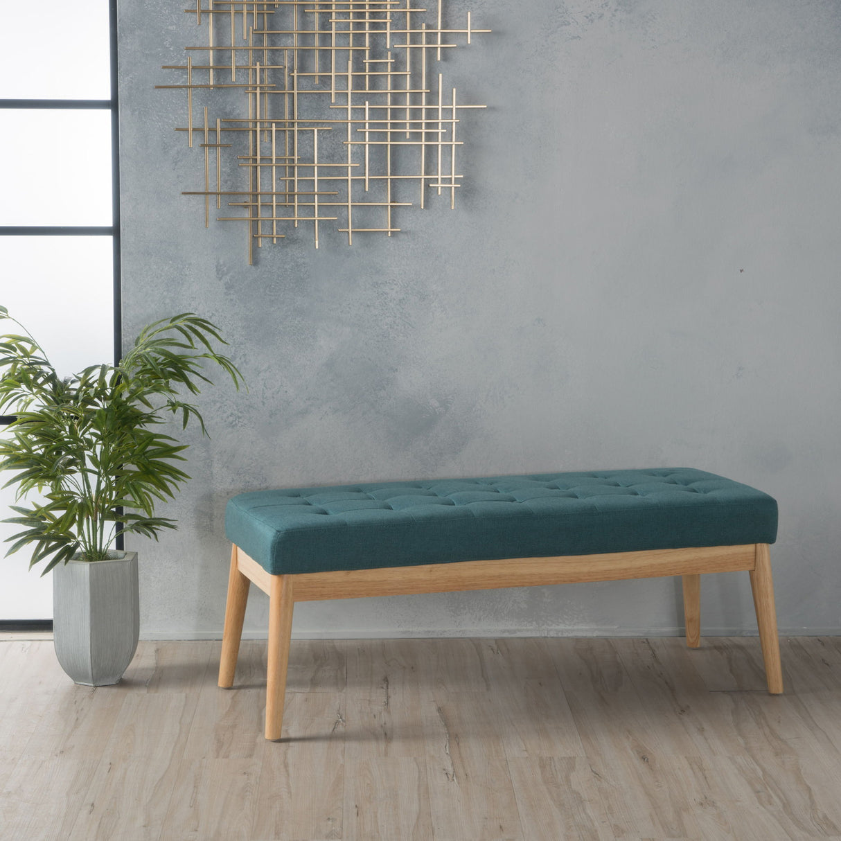 Vibratory - Button Tufted Upholstered Ottoman With Splayed Wooden Legs - Teal / Natural
