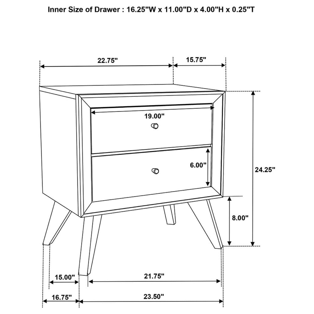 Nightstand With Angled Legs, Round Knobs, Wave Texture, 2 Drawer Bedside Table - White