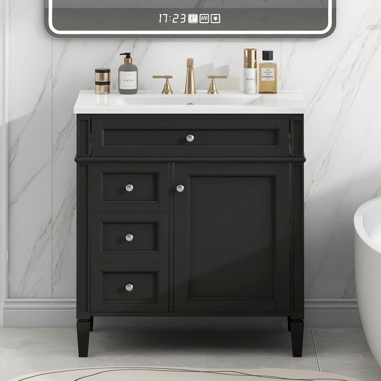 Bathroom Vanity With Top Sink, 3 Drawer Storage Cabinet, Rectangular Design - Black