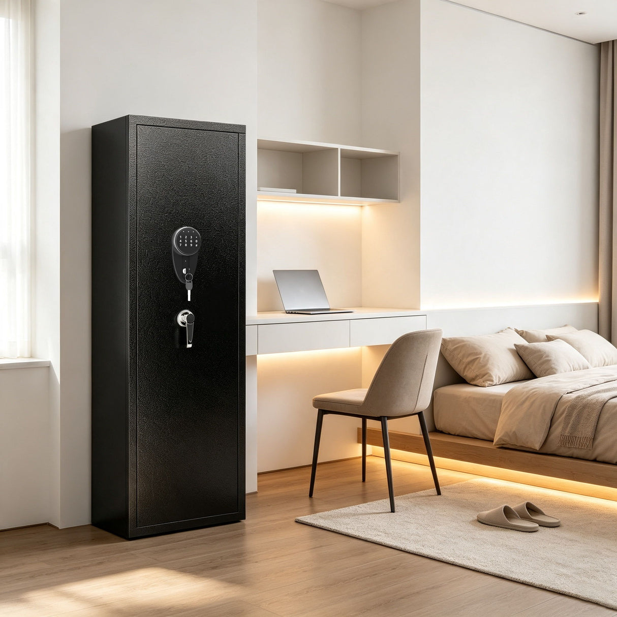 Rifle Safe, Biometric & Keypad Lock, Adjustable Gun Racks With Built In Alarm System