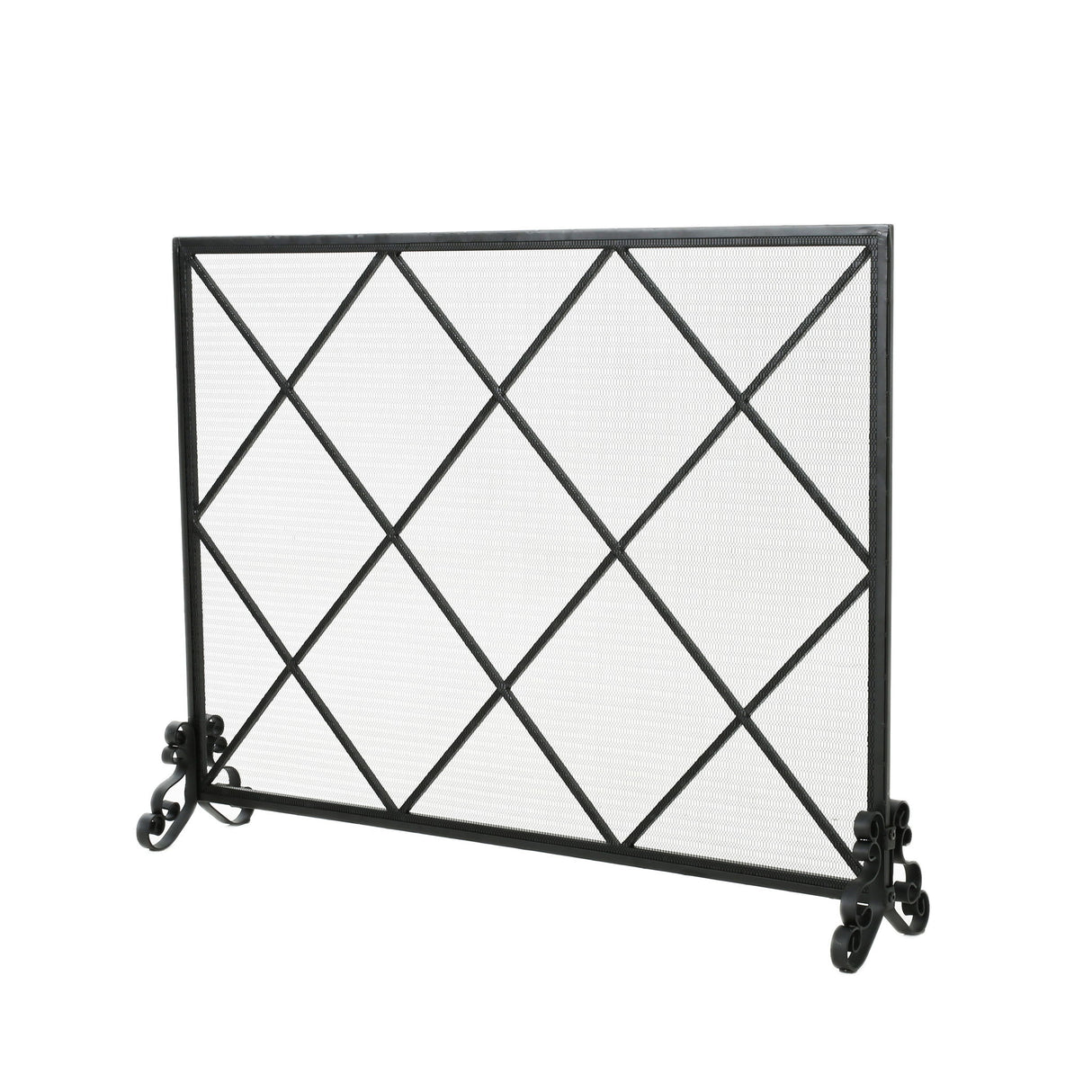 Minimalist Single Panel Iron Fireplace Screen With Diamond Design - Black