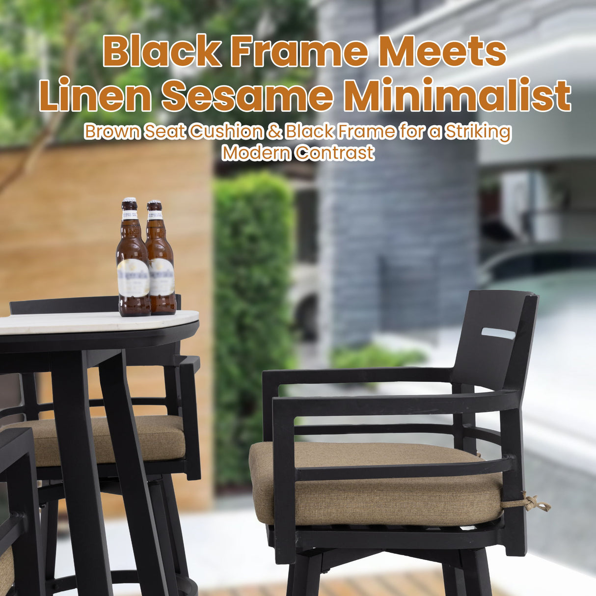 5 Pieces Outdoor Patio Bar Set, Rounded Square Sintered Stone Table & 4 Swivel Bar Chairs
