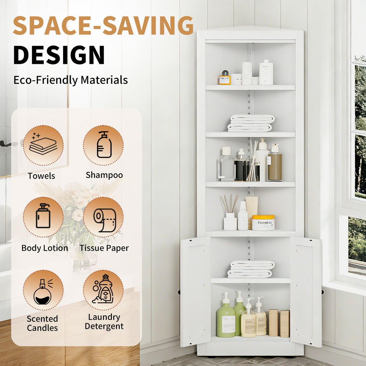 Tall Corner Storage Cabinet With 2 Doors, 5-Tier With Adjustable Shelves, Freestanding - White