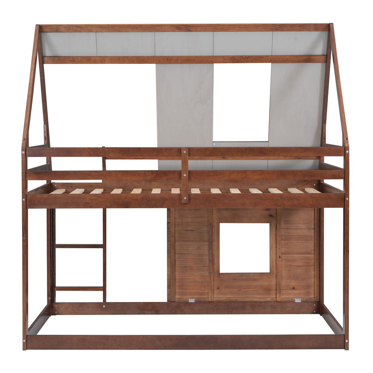 Twin Size House Bunk Bed With Roof, Ladder And 2 Windows - Brown & Smoky Gray